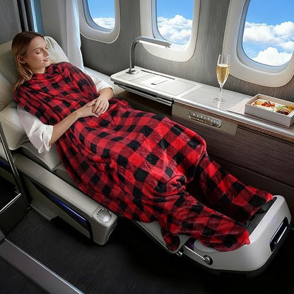 Tirrinia Travel Portable Blanket with Feet Pocket Airplane Office Poncho - color: Plaid Red, size: 50x70 inch (Button Back / Foot Pocket)