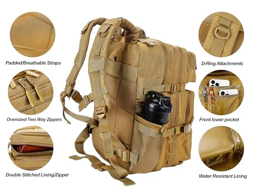 LHI Military Tactical Backpack for Men and Women 45L Army 3 Days Assault Pack Bag Large Rucksack with Molle System Khaki - color: Khaki
