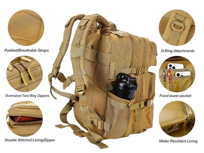 LHI Military Tactical Backpack for Men and Women 45L Army 3 Days Assault Pack Bag Large Rucksack with Molle System Khaki - color: Khaki
