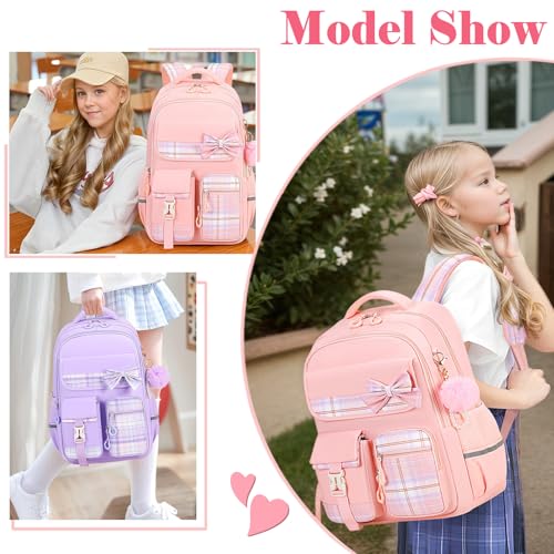 Kids Backpack for Girls, Cute Plaid Large Capacity Bookbag for Students Teens Preppy Aesthetic Kawaii Bow Elementary Primary Middle School Book Bag 6-8 8-10 10-12 (Pink) - color: Pink