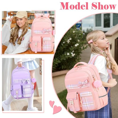 Kids Backpack for Girls, Cute Plaid Large Capacity Bookbag for Students Teens Preppy Aesthetic Kawaii Bow Elementary Primary Middle School Book Bag 6-8 8-10 10-12 (Pink) - color: Pink