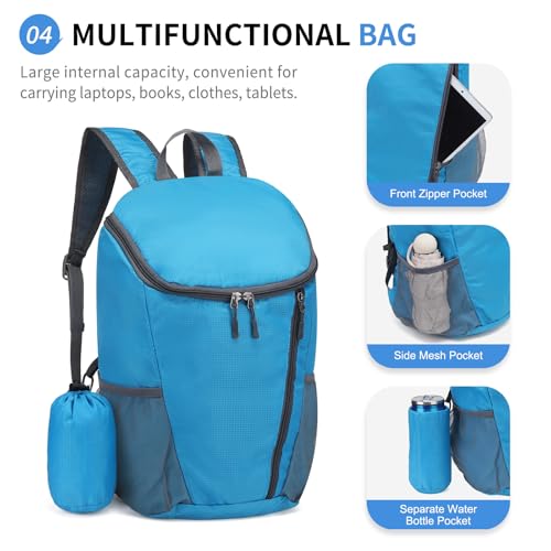 Hiking Backpack 20L Foldable Daypack for Men Women Nylon Lake Blue | Packable Backpack for Men Women, Small Foldable Day Pack Waterproof for Travel Camping Mountaineering - color: Lake Blue