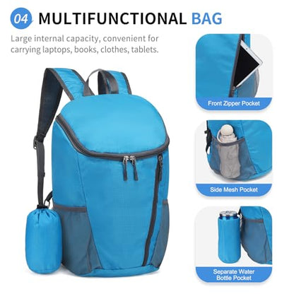Hiking Backpack 20L Foldable Daypack for Men Women Nylon Lake Blue | Packable Backpack for Men Women, Small Foldable Day Pack Waterproof for Travel Camping Mountaineering - color: Lake Blue