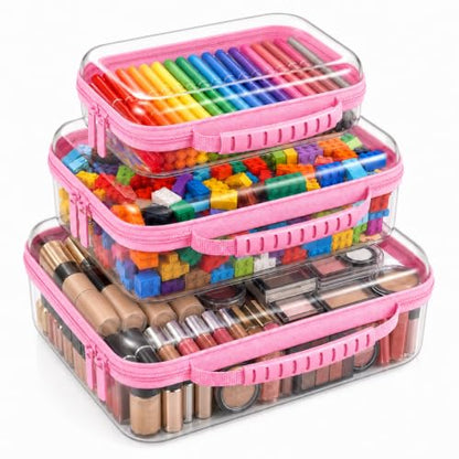 Clear Hard Shell Zipper Case 3PCS Set, 1.2mm PET Travel Organizer | Deep waterproof stackable storage pouches with handle. Heavy duty clear zipper bags for travel, makeup, toys and snacks - color: Pink