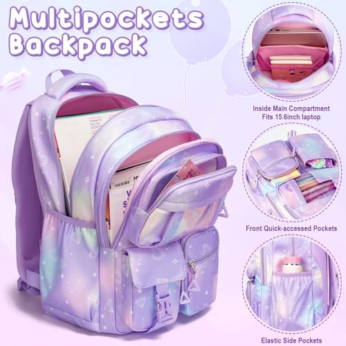Fimibuke Kids Backpack for School Girls, Waterproof Backpack w/Lunch Box - color: A2.Diamond Purple