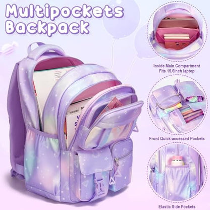 Fimibuke Kids Backpack for School Girls, Waterproof Backpack w/Lunch Box - color: A2.Diamond Purple