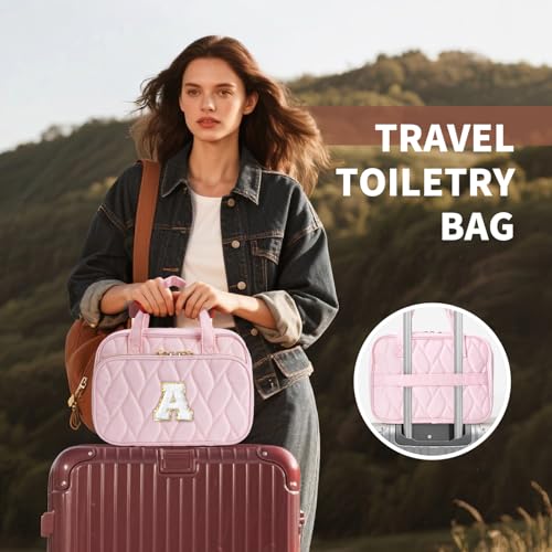 YOOLIFE Travel Toiletry Bag for Women - Hanging Toiletry Bag, Large Capacity Personalized Makeup Pouch, Travel Essentials - Letter Pink D - color: Pink, style: D