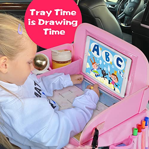 Bundle–2 Items: MENZOKE Car Seat Tray with Dry Erase Board and Cooler Cup Holder, Pink & Magic Pink