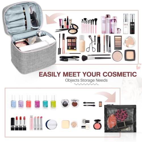Large Makeup Bag Travel Makeup Cosmetic Bag Case Organizer Makeup Pouch with Mesh Bag Makeup Brush Holder Bag Toiletry Bags for Women - Grey - color: Grey