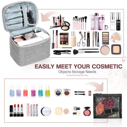 Large Makeup Bag Travel Makeup Cosmetic Bag Case Organizer Makeup Pouch with Mesh Bag Makeup Brush Holder Bag Toiletry Bags for Women - Grey - color: Grey