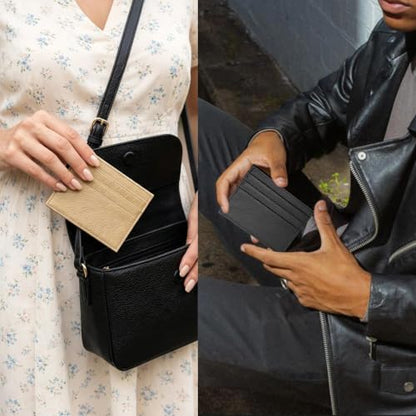 Pack of 2, Genuine Leather Credit Card Holder, Small Wallet Black & Beige - color: Black Khaki