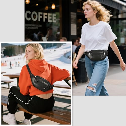 Genuine Leather Fanny Pack HandMade Durable cowhide Waist Bag Lots of Anti-theft zipper pocket Black - color: Black