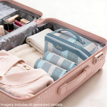 BOYATU Makeup Bag, Makeup Organizer, Toiletry Travel Bag for Women - Blue | 3 Pcs Vegan Leather Cosmetic Bag with Compartments - 180° Open-Flat Makeup Organizer - Waterproof Large Capacity Toiletry Bag - color: C-1-Blue