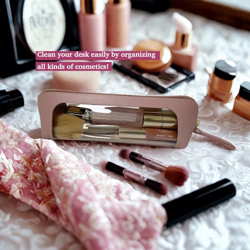 Clear Makeup Brush Bag Case,Leather Travel Make up Brush Holder, Portable MakeupBrush Case, Make Up Brush Pouch for Makeup Tools, Cosmetic Organizer with Zipper (Pink) - color: Pink