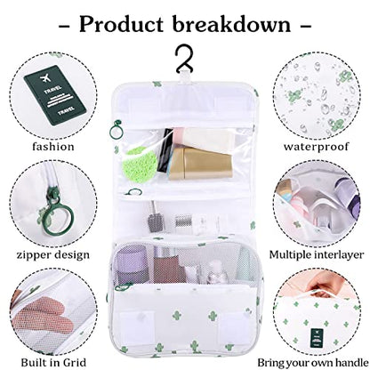 Hanging Toiletry Bag for Women, Portable Cosmetic Summer Beach Bag, Cactus - color: White Cactus
