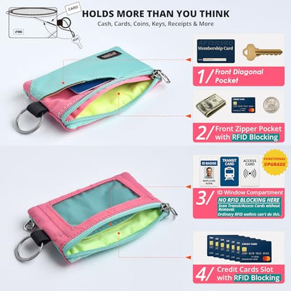 RFID Blocking Travel Wallet with Adjustable Lanyard, Small Nylon Zipper Pouch and Badge Holder for ID, Credit Cards, Cash, Keys, Commuters (Mint Aqua+Pink) - color: Mint Aqua+Pink