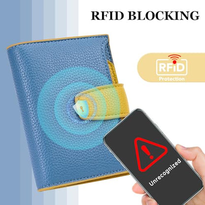 Airkit Small Wallet Women RFID Blocking Soft Leather Bifold Compact Card Holder Wallet for Women with Zipper Coin Pocket 4 ID Window - color: Colorblock - Blue/Yellow