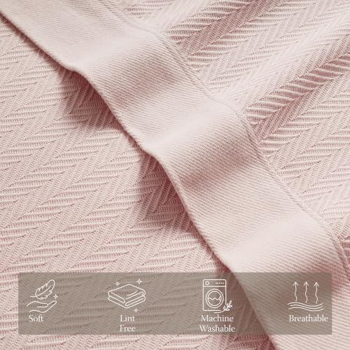 Threadmill Luxury 100% Cotton Queen Herringbone Blanket, English Rose - color: English Rose, size: Queen (90" x 92")