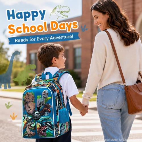 CCJPX 3Pcs Backpack for Boys, 16 Inch Preschool Elementary Kindergarten School Backpacks and Lunch Box - color: Aa1-dinosaur Blue