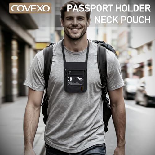 Neck Wallet Passport Holder for Travel-RFID Blocking Money Pouch - color: Black