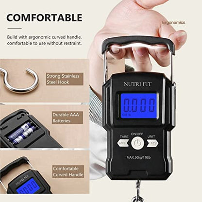 NUTRI FIT Luggage Scale Digital Suitcase Weighing Fish Portable for Travel - color: Jet Black