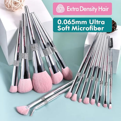 Bueart Design 15Pcs Labeled Makeup Brushes Set with Elegant Pink Holder - color: Silver Pink