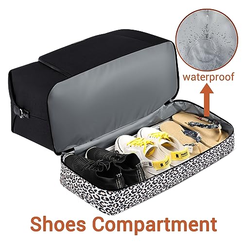 TIBES Travel Weekender Bag for Women, Overnight Bag with Shoe Compartment - color: Q- Black&Leopard