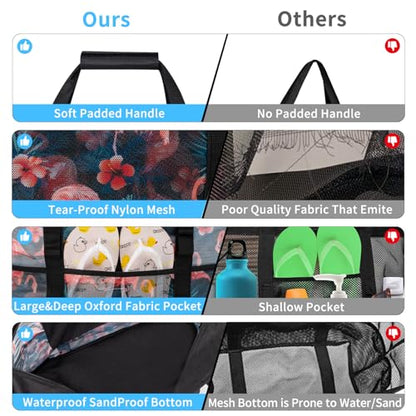 KABAQOO Mesh Beach Bag, Extra Large Beach Bags with 9 Pockets & Zipper Waterproof Lightweight Beach Tote for Beach/Pool Trip - color: Flamingo - Black, size: X-Large