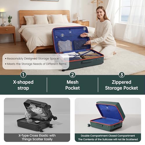 30" Luggage w/TSA LOCK,PC Hardshell Wide Handle Suitcase - color: Green, size: Checked-Large 30-Inch