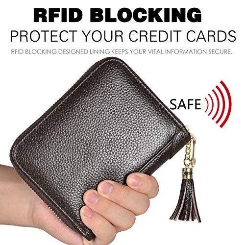 Easyoulife Womens Credit Card Holder Wallet Zip Leather Card Case RFID Blocking (Coffee) - color: Coffee