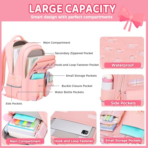 Kids Backpack for Girls, Cute Plaid Large Capacity Bookbag for Students Teens Preppy Aesthetic Kawaii Bow Elementary Primary Middle School Book Bag 6-8 8-10 10-12 (Pink) - color: Pink