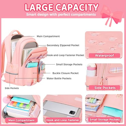 Kids Backpack for Girls, Cute Plaid Large Capacity Bookbag for Students Teens Preppy Aesthetic Kawaii Bow Elementary Primary Middle School Book Bag 6-8 8-10 10-12 (Pink) - color: Pink