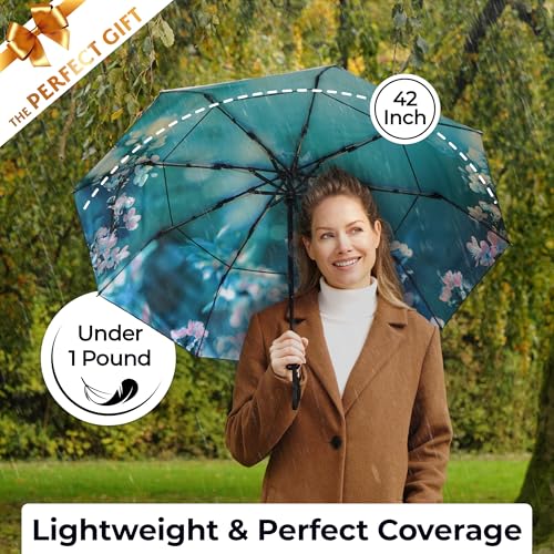 TUMELLA Strongest Windproof Travel Umbrella (Compact, 100MPH Wind-Tested), Light, Portable, One-Handed Use, Automatic Folding Rain Umbrella, Durable, Premium Grip, Fits Car & Backpack - color: Blossom Branches
