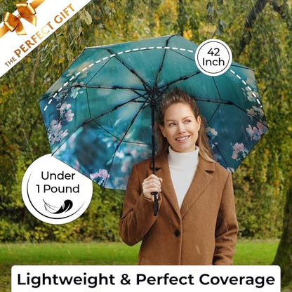 TUMELLA Strongest Windproof Travel Umbrella (Compact, 100MPH Wind-Tested), Light, Portable, One-Handed Use, Automatic Folding Rain Umbrella, Durable, Premium Grip, Fits Car & Backpack - color: Blossom Branches