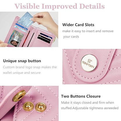 Small Womens RFID Bifold Pink Wallet,Compact Leather Card Holder - color: Pink