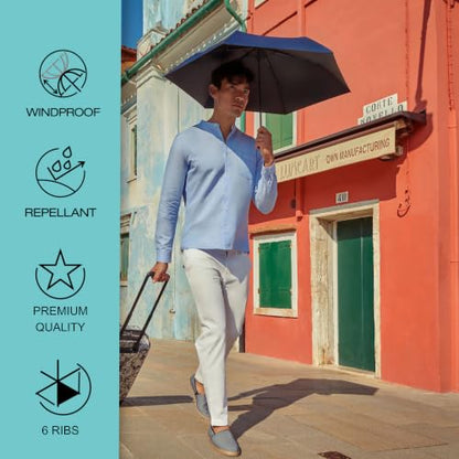 Knirps U.200 Ultra Light Duomatic Automatic Open Rain Umbrella - Compact Windproof Travel Umbrella for Adults - 97cm Diameter Retractable With Carrying Case - color: Navy UV Protection