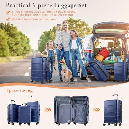3 Pieces Luggage Set with Spinner Wheels, Blue - color: Blue, size: 3-PCS Set (20/24/28 Inch)