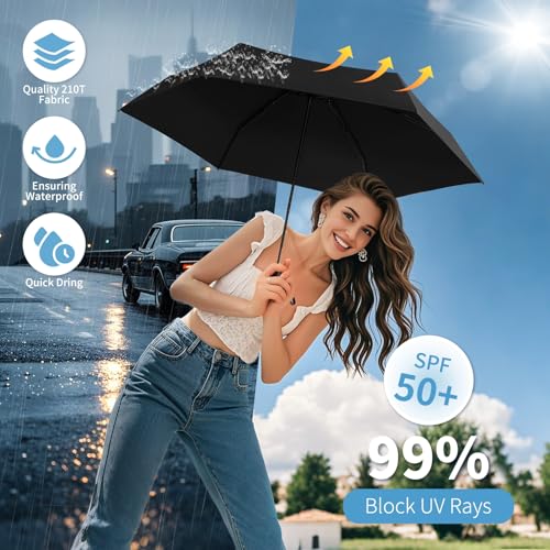 Yoobure Mini Travel Umbrella with Case, Compact Folding Umbrella - color: Black