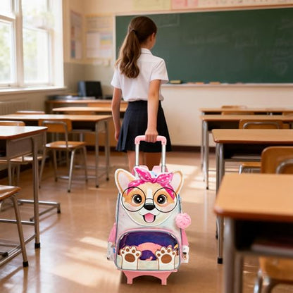 Meetbelify Girls Rolling Backpack with Wheels Kids Wheels Backpack for Girls Luggage with Lunch Box Pencil Case for Elementary Student - color: Dog