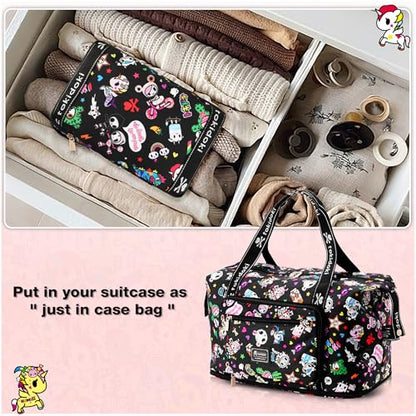 tokidoki Travel Duffle Bag, Weekender with Shoe Compartment Toiletry Bag | many compartments: laptop sleeve, wet-dry pocket, trolley sleeve. Includes toiletry bag. Carry-on. - color: black, size: 40L