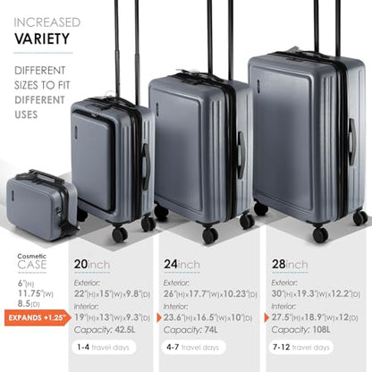 TRAVELARIM 4 Piece Luggage Sets with Spinner Wheels, Travel Suitcase Set | Expandable, Hard-shell, Scratch-Resistant, TSA Lock, Cosmetic Case, Medium & Large Checked Suitcase, 20/24/28 Inch, Grey - color: Grey, size: 4 Piece Set (20/24/28)