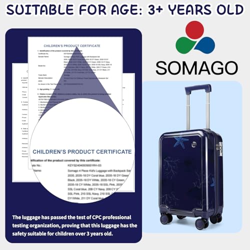 Somago 4 Piece Kid's Luggage with Backpack Set for Boys Girls Spinner 18" Hardside PC Rolling Carry on Suitcase with TSA Lock (Seashell Navy) - color: Seashell Navy, size: 4-Piece Set(BP/18inch)