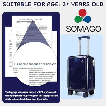 Somago 4 Piece Kid's Luggage with Backpack Set for Boys Girls Spinner 18" Hardside PC Rolling Carry on Suitcase with TSA Lock (Seashell Navy) - color: Seashell Navy, size: 4-Piece Set(BP/18inch)