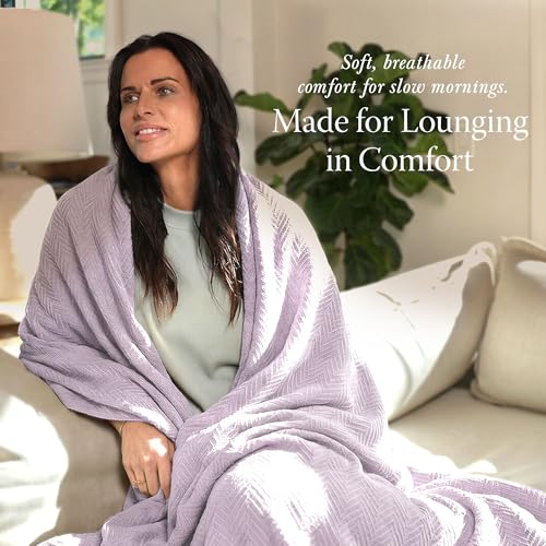 Threadmill Luxury 100% Cotton Twin Herringbone Blanket, Lilac - color: Lilac, size: Twin (68" x 92")