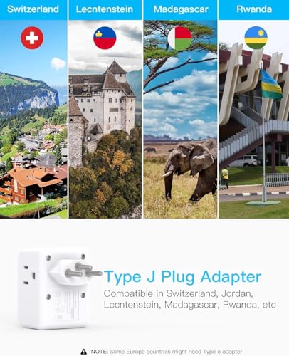 2 Pack Switzerland Travel Plug Adapter, Type J Power Adaptor