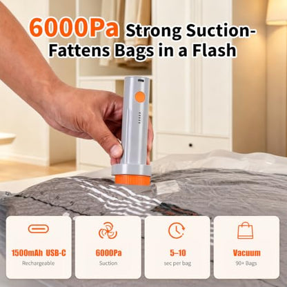 15 Pack Vacuum Bags for Travel with Rechargeable Wireless Air Pump, Space Saver Bags for Clothes, Compression Seal Packing Bags for Luggage Suitcase, Carry-on Size with Small Storage Pouch - size: 15 Combc