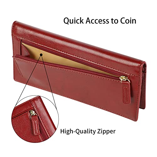 Lavemi Ultra Slim Thin Leather Women Wallet RFID Blocking Credit Card Holder Bifold Long Ladies Billfold - color: 1-waxed Dark Red