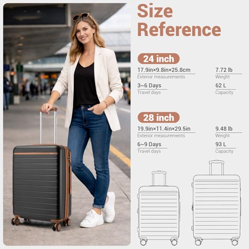 Kono Checked Suitcase 24in Expandable ABS+PC Side Handle luggage Black - color: Black, size: Checked-Medium 24-Inch