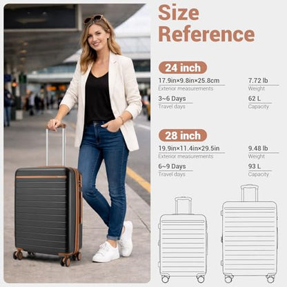 Kono Checked Suitcase 24in Expandable ABS+PC Side Handle luggage Black - color: Black, size: Checked-Medium 24-Inch