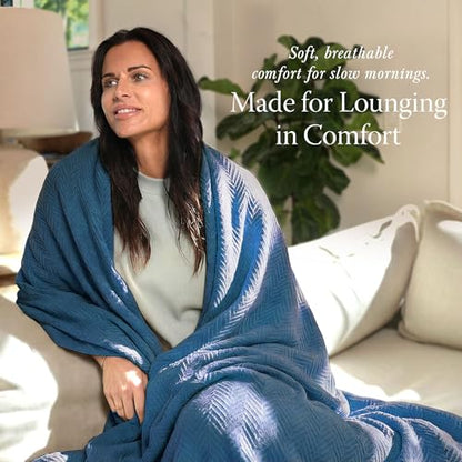 Threadmill Luxury Cotton Blankets for King Size Bed | All-Season Cozy 100% Cotton King Size Blanket | Herringbone Soft Fall Thermal Blanket fits Cal King Size Bed | Folkstone Blue | All-Season Thermal Blanket, Soft & Breathable, Cozy Moisture-Wicking, OEK